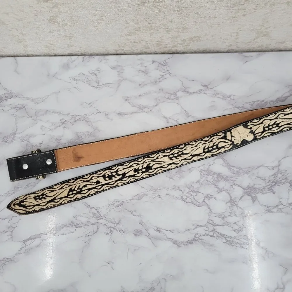 Black and Cream Embroidered Belt Mexico Western Cowboy Leather